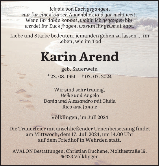 Todesanzeige von Karin Arend von saarbruecker_zeitung