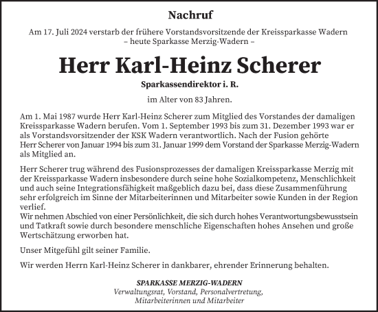 Todesanzeige von Karl-Heinz Scherer von saarbruecker_zeitung