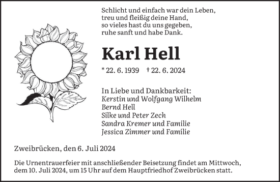 Todesanzeige von Karl Hell von saarbruecker_zeitung