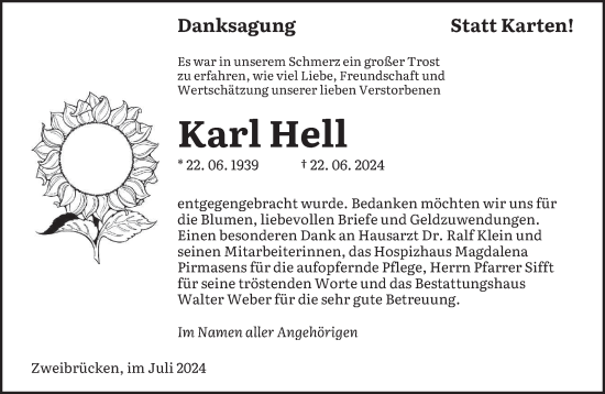 Todesanzeige von Karl Hell von saarbruecker_zeitung