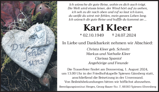 Todesanzeige von Karl Kleer von saarbruecker_zeitung