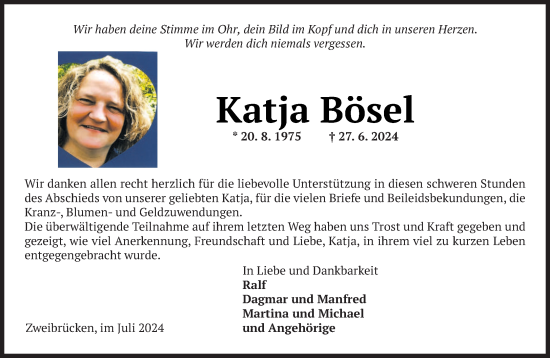 Todesanzeige von Katja Bösel von saarbruecker_zeitung