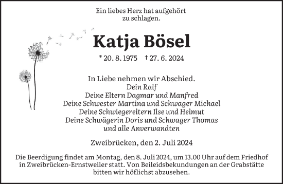 Todesanzeige von Katja Bösel von saarbruecker_zeitung