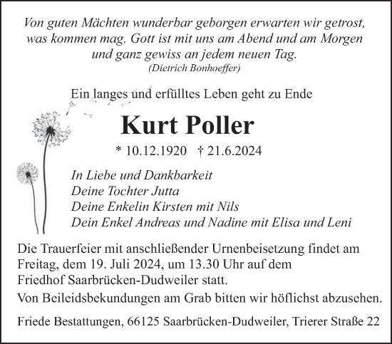 Todesanzeige von Kurt Poller von saarbruecker_zeitung