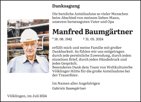 Todesanzeige von Manfred Baumgärtner von saarbruecker_zeitung