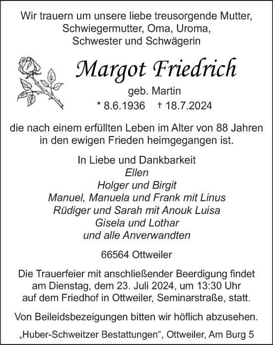 Todesanzeige von Margot Friedrich von saarbruecker_zeitung