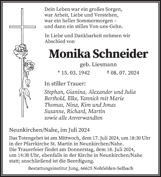 Todesanzeige von Monika Schneider von saarbruecker_zeitung