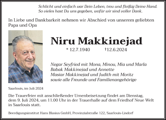 Todesanzeige von Niru Makkinejad von saarbruecker_zeitung