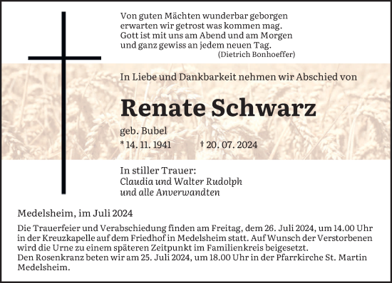 Todesanzeige von Renate Schwarz von saarbruecker_zeitung