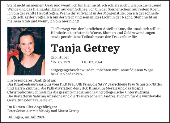 Todesanzeige von Tanja Getrey von saarbruecker_zeitung