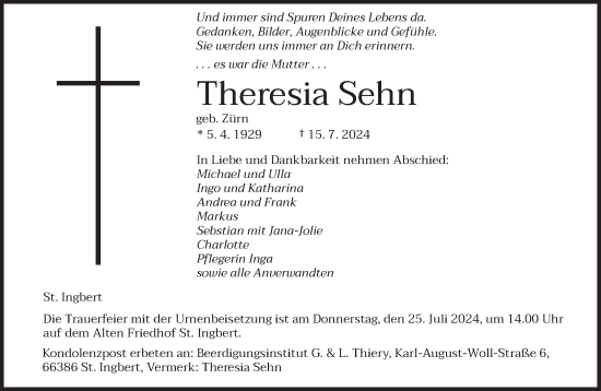 Todesanzeige von Theresia Sehn von saarbruecker_zeitung