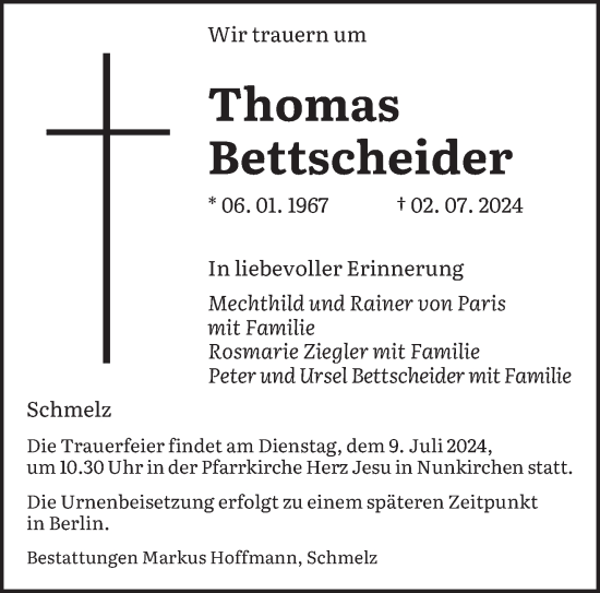 Todesanzeige von Thomas Bettscheider von saarbruecker_zeitung