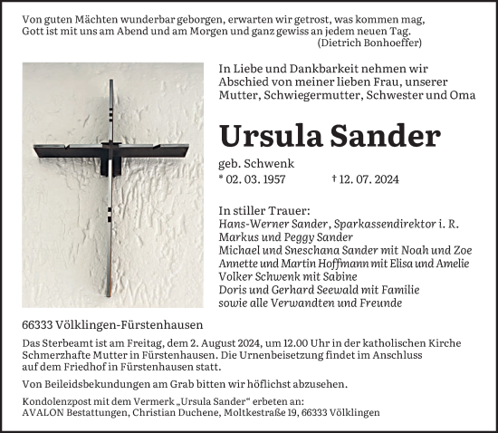 Todesanzeige von Ursula Sander von saarbruecker_zeitung