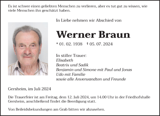 Todesanzeige von Werner Braun von saarbruecker_zeitung