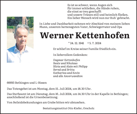 Todesanzeige von Werner Kettenhofen von saarbruecker_zeitung