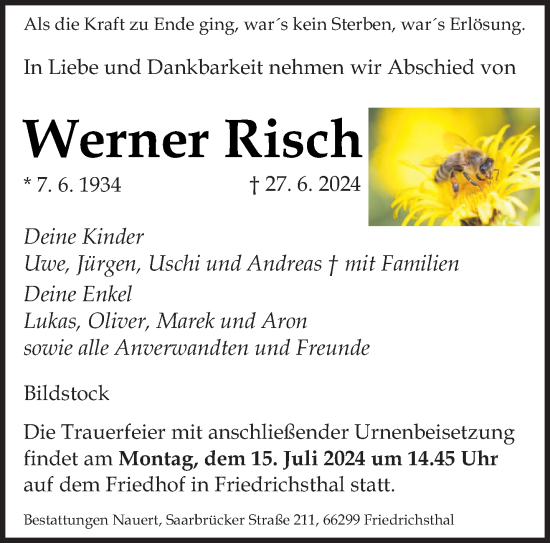 Todesanzeige von Werner Risch von saarbruecker_zeitung