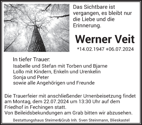 Todesanzeige von Werner Veit von saarbruecker_zeitung