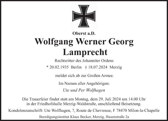 Todesanzeige von Wolfgang Werner Georg Lamprecht von saarbruecker_zeitung