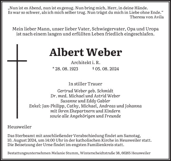 Todesanzeige von Albert Weber von saarbruecker_zeitung