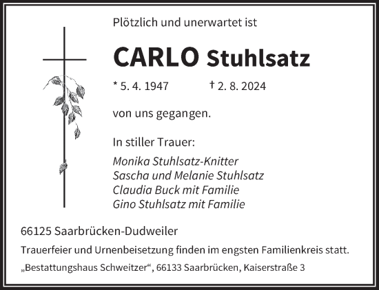 Todesanzeige von Carlo Stuhlsatz von saarbruecker_zeitung