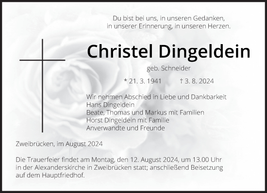 Todesanzeige von Christel Dingeldein von saarbruecker_zeitung