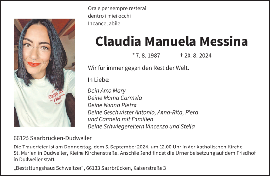 Todesanzeige von Claudia Manuela Messina von saarbruecker_zeitung