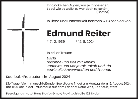 Todesanzeige von Edmund Reiter von saarbruecker_zeitung