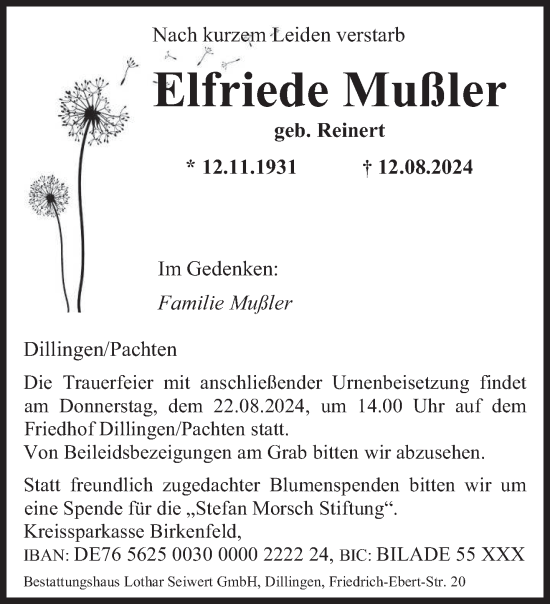 Todesanzeige von Elfriede Mußler von saarbruecker_zeitung