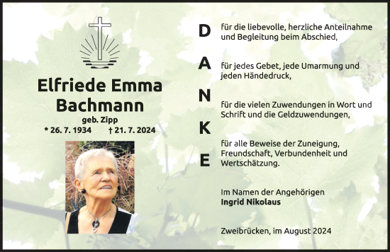 Todesanzeige von Elfriede Emma Bachmann von saarbruecker_zeitung