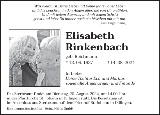 Todesanzeige von Elisabeth Rinkenbach von saarbruecker_zeitung