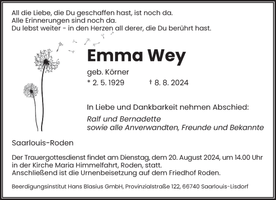 Todesanzeige von Emma Wey von saarbruecker_zeitung