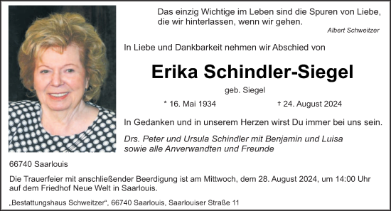 Todesanzeige von Erika Schindler-Siegel von saarbruecker_zeitung