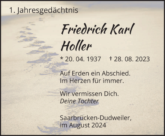 Todesanzeige von Friedrich Karl Holler von saarbruecker_zeitung