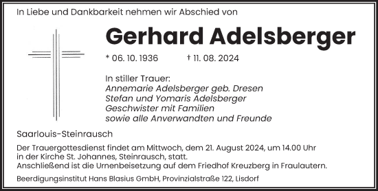 Todesanzeige von Gerhard Adelsberger von saarbruecker_zeitung