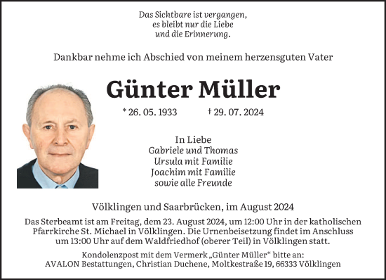 Todesanzeige von Günter Müller von saarbruecker_zeitung