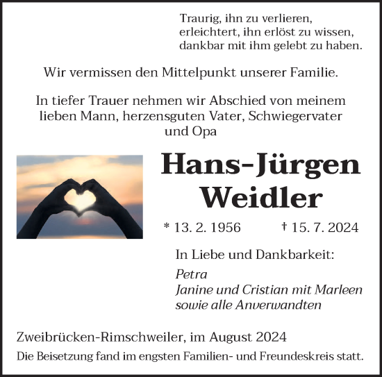 Todesanzeige von Hans-Jürgen Weidler von saarbruecker_zeitung