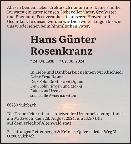 Todesanzeige von Hans Günter Rosenkranz von saarbruecker_zeitung