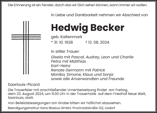 Todesanzeige von Hedwig Becker von saarbruecker_zeitung