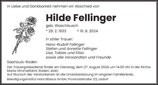 Todesanzeige von Hilde Fellinger von saarbruecker_zeitung