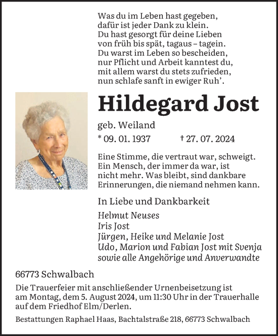 Todesanzeige von Hildegard Jost von saarbruecker_zeitung