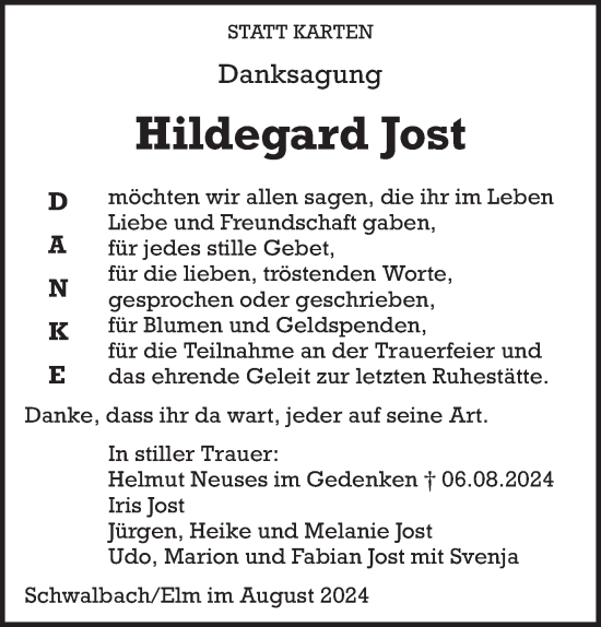 Todesanzeige von Hildegard Jost von saarbruecker_zeitung