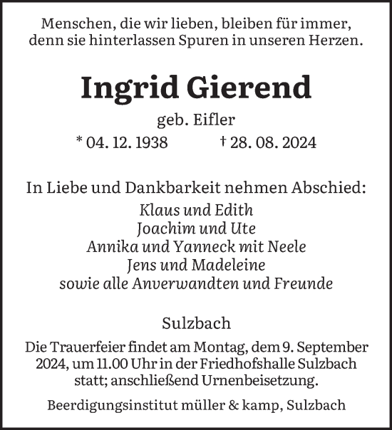 Todesanzeige von Ingrid Gierend von saarbruecker_zeitung