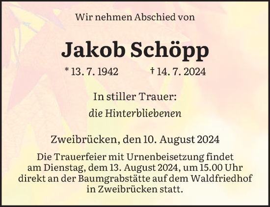 Todesanzeige von Jakob Schöpp von saarbruecker_zeitung