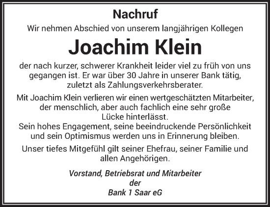 Todesanzeige von Joachim Klein von saarbruecker_zeitung