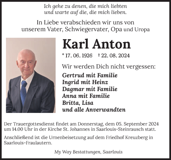 Todesanzeige von Karl Anton von saarbruecker_zeitung