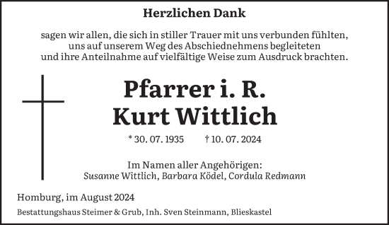 Todesanzeige von Kurt Wittlich von saarbruecker_zeitung