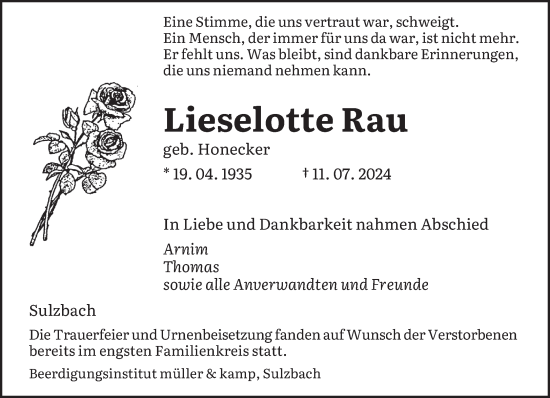 Todesanzeige von Lieselotte Rau von saarbruecker_zeitung