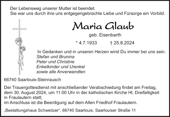 Todesanzeige von Maria Glaub von saarbruecker_zeitung