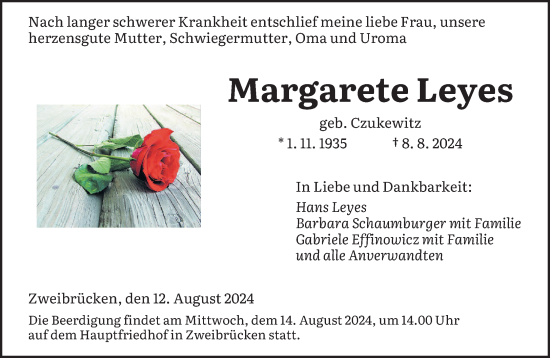 Todesanzeige von Margarete Leyes von saarbruecker_zeitung