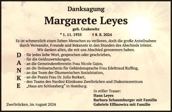 Todesanzeige von Margarete Leyes von saarbruecker_zeitung